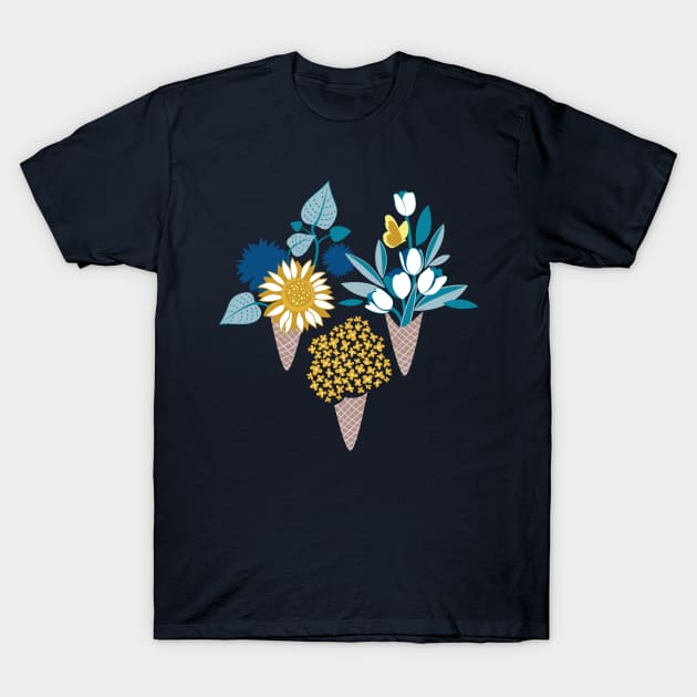 Midsummer I scream flower cones // print // blue teal and yellow flowers bouquets T-Shirt by SelmaCardoso